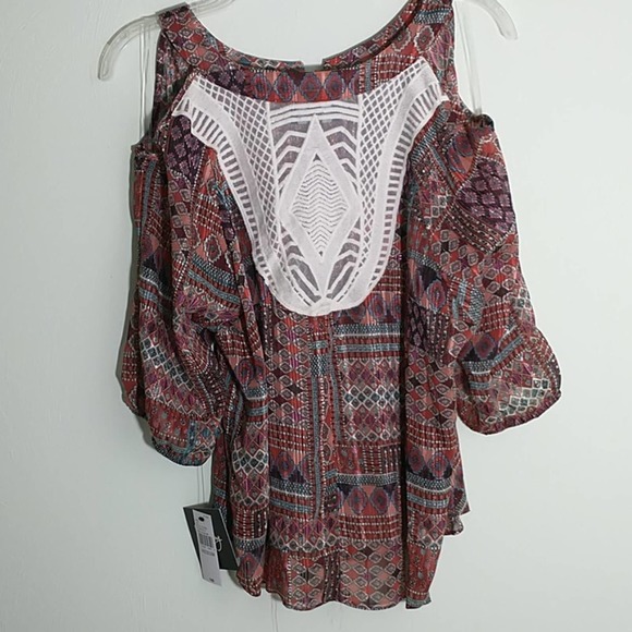 NWT By & By Southwestern Print Lace Insert 3/4 sleeve open shoulder top sz M - Picture 1 of 8